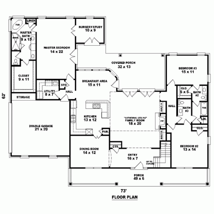 One-Story House Plan 47311 with 3 Beds, 3 Baths, 2 Car Garage First Level Plan