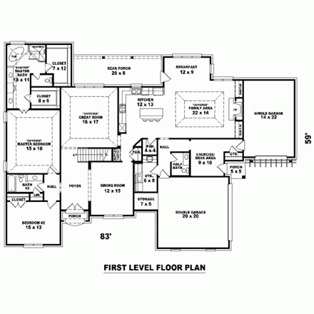 House Plan 47317 with 4 Beds, 4 Baths, 3 Car Garage First Level Plan