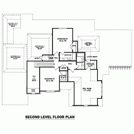 House Plan 47317 with 4 Beds, 4 Baths, 3 Car Garage Second Level Plan