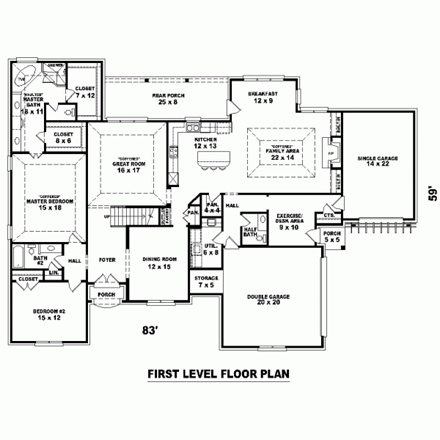 House Plan 47318 with 4 Beds, 4 Baths, 3 Car Garage First Level Plan