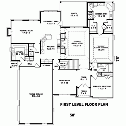 House Plan 47319 with 3 Beds, 4 Baths, 3 Car Garage First Level Plan