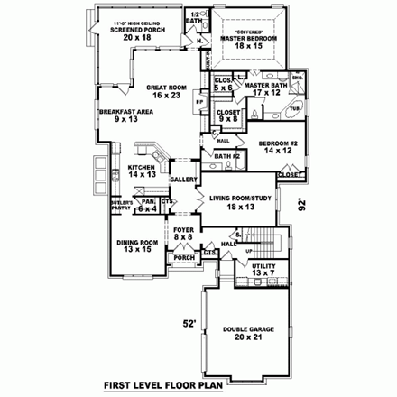 House Plan 47324 with 4 Beds, 4 Baths, 2 Car Garage First Level Plan