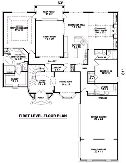 House Plan 47326 with 4 Beds, 4 Baths, 3 Car Garage First Level Plan