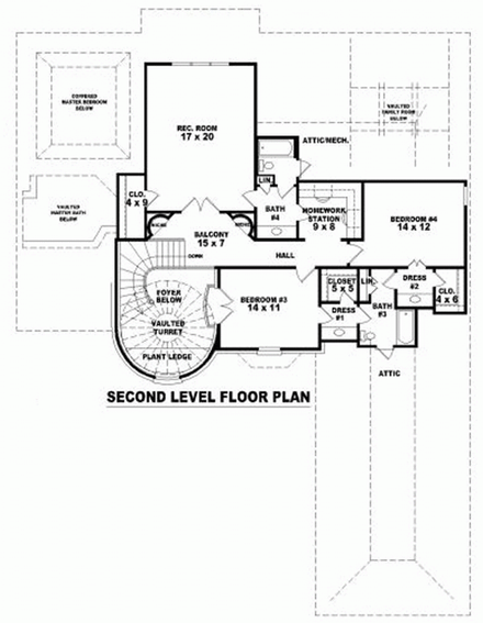 House Plan 47326 with 4 Beds, 4 Baths, 3 Car Garage Second Level Plan