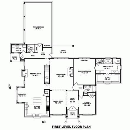 House Plan 47339 with 4 Beds, 4 Baths, 3 Car Garage First Level Plan