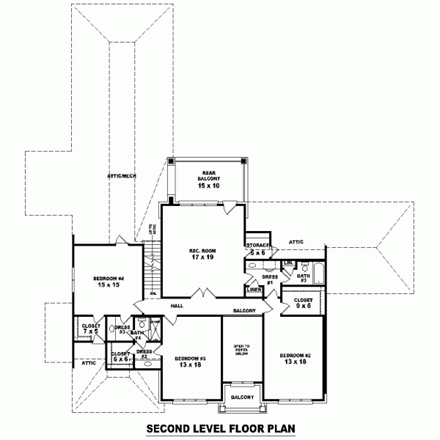 House Plan 47339 with 4 Beds, 4 Baths, 3 Car Garage Second Level Plan