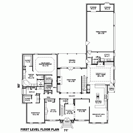 House Plan 47342 with 4 Beds, 4 Baths, 3 Car Garage First Level Plan