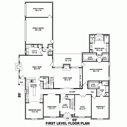 House Plan 47356 with 5 Beds, 4 Baths, 3 Car Garage First Level Plan