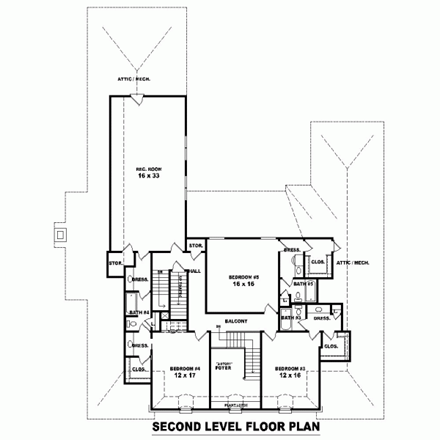House Plan 47356 with 5 Beds, 4 Baths, 3 Car Garage Second Level Plan