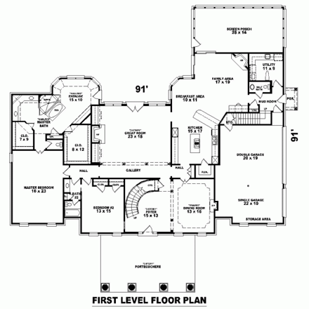 House Plan 47357 with 5 Beds, 4 Baths, 3 Car Garage First Level Plan