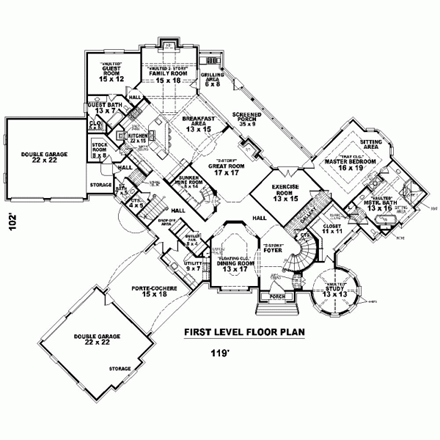 House Plan 47360 with 4 Beds, 4 Baths, 4 Car Garage First Level Plan