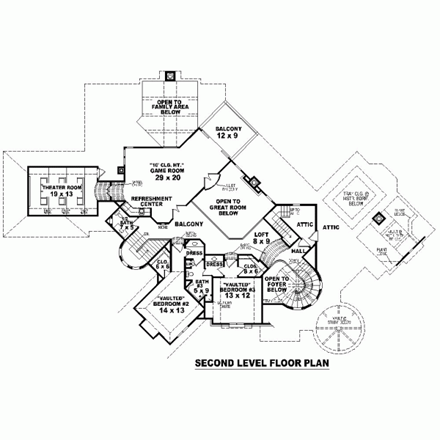 House Plan 47360 with 4 Beds, 4 Baths, 4 Car Garage Second Level Plan