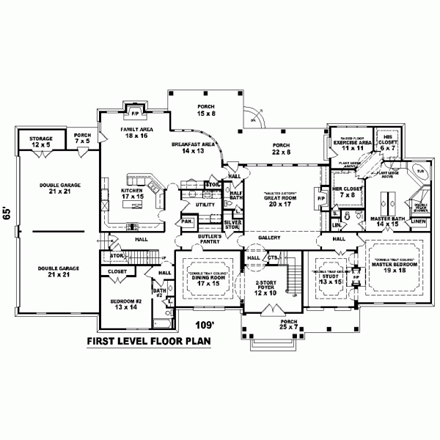 House Plan 47364 with 5 Beds, 4 Baths, 4 Car Garage First Level Plan