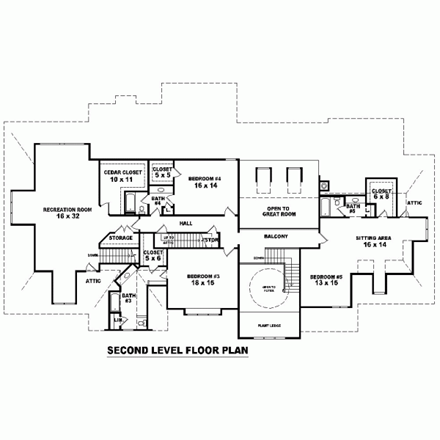 House Plan 47364 with 5 Beds, 4 Baths, 4 Car Garage Second Level Plan