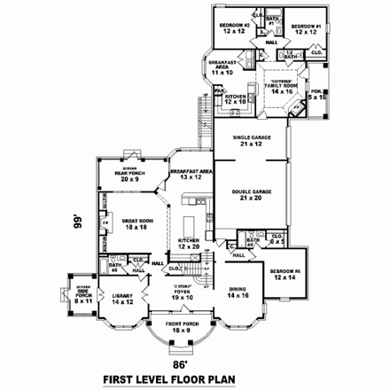 House Plan 47368 with 7 Beds, 7 Baths, 3 Car Garage First Level Plan