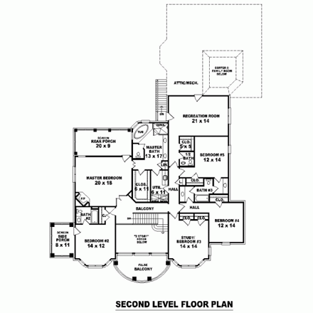 House Plan 47368 with 7 Beds, 7 Baths, 3 Car Garage Second Level Plan