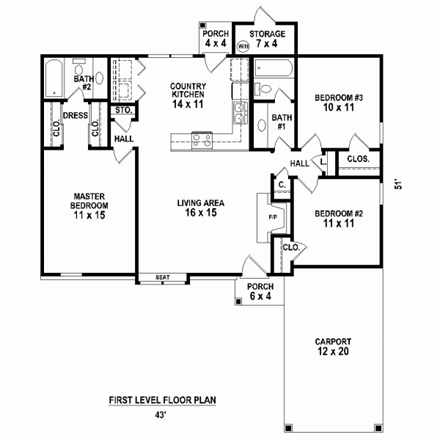 One-Story House Plan 47373 with 3 Beds, 2 Baths, 1 Car Garage First Level Plan