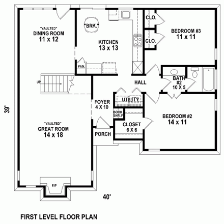 Narrow Lot, One-Story, Traditional House Plan 47379 with 2 Beds, 1 Baths First Level Plan