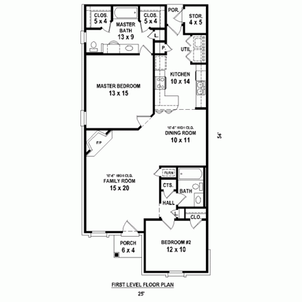 Narrow Lot, One-Story, Traditional House Plan 47381 with 2 Beds, 2 Baths First Level Plan