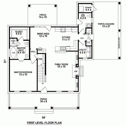 Traditional House Plan 47382 with 3 Beds, 3 Baths First Level Plan