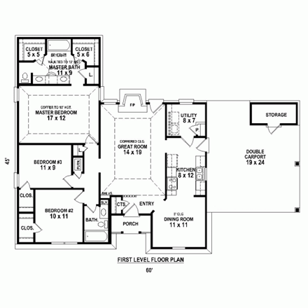 One-Story, Victorian House Plan 47397 with 3 Beds, 2 Baths, 2 Car Garage First Level Plan