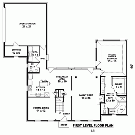 Traditional House Plan 47411 with 3 Beds, 3 Baths, 2 Car Garage First Level Plan