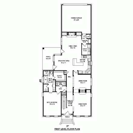 Colonial, Narrow Lot House Plan 47454 with 4 Beds, 4 Baths, 2 Car Garage First Level Plan