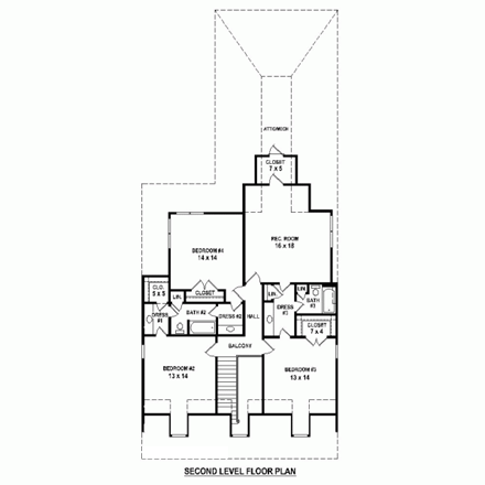 Colonial, Narrow Lot House Plan 47454 with 4 Beds, 4 Baths, 2 Car Garage Second Level Plan