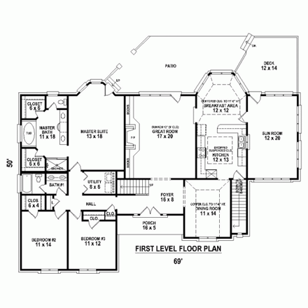 House Plan 47495 with 4 Beds, 3 Baths, 2 Car Garage First Level Plan