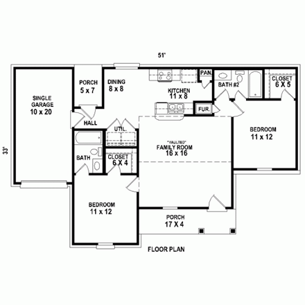 Traditional House Plan 47547 with 2 Beds, 2 Baths, 1 Car Garage First Level Plan