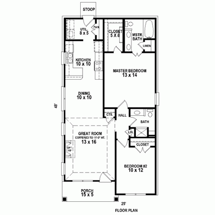 Traditional House Plan 47550 with 2 Beds, 2 Baths First Level Plan