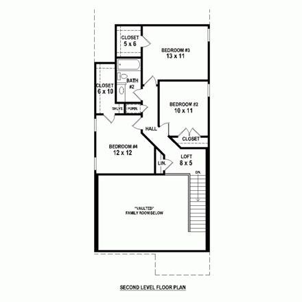 Narrow Lot, Traditional House Plan 47555 with 4 Beds, 3 Baths, 2 Car Garage Second Level Plan