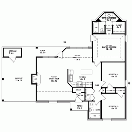 One-Story, Traditional House Plan 47568 with 3 Beds, 2 Baths, 1 Car Garage First Level Plan