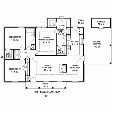 Country, One-Story House Plan 47572 with 3 Beds, 2 Baths, 2 Car Garage First Level Plan