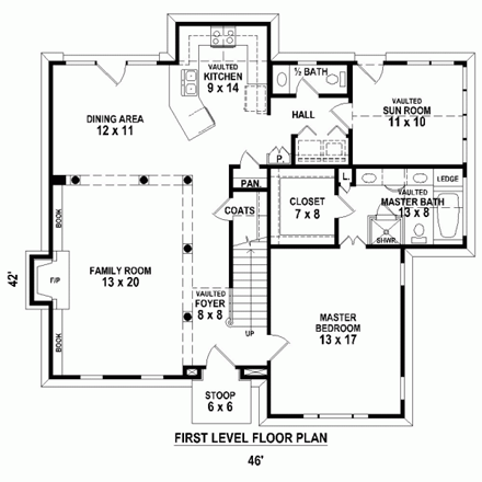 Traditional House Plan 47583 with 3 Beds, 3 Baths First Level Plan