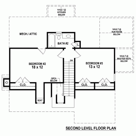 Traditional House Plan 47583 with 3 Beds, 3 Baths Second Level Plan
