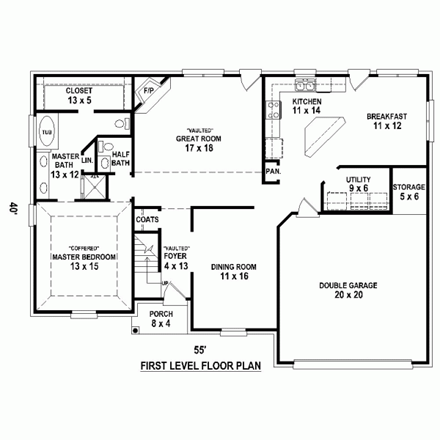European House Plan 47592 with 3 Beds, 3 Baths, 2 Car Garage First Level Plan
