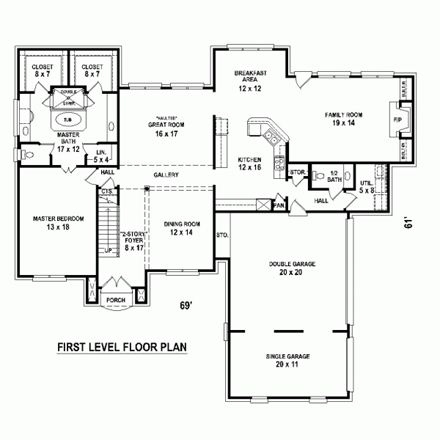 European, Traditional House Plan 47982 with 5 Beds, 4 Baths, 3 Car Garage First Level Plan