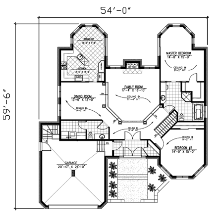 Bungalow, One-Story House Plan 48000 with 2 Beds, 2 Baths, 2 Car Garage First Level Plan