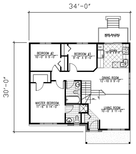 Bungalow, Narrow Lot, One-Story House Plan 48001 with 2 Beds, 2 Baths First Level Plan