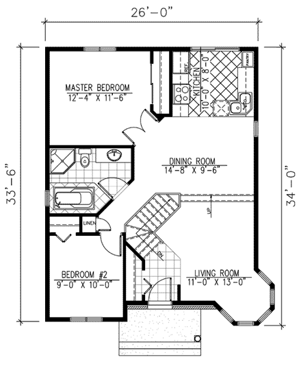 Bungalow, Narrow Lot, One-Story House Plan 48024 with 2 Beds, 1 Baths First Level Plan