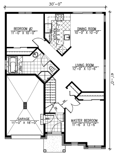 Bungalow, Narrow Lot, One-Story House Plan 48025 with 2 Beds, 1 Baths, 1 Car Garage First Level Plan