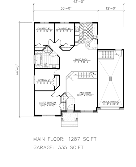 Bungalow, Narrow Lot, One-Story House Plan 48026 with 4 Beds, 1 Baths, 1 Car Garage First Level Plan