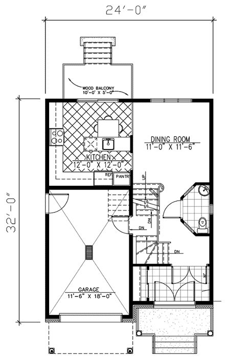 European, Narrow Lot House Plan 48029 with 2 Beds, 2 Baths, 1 Car Garage First Level Plan