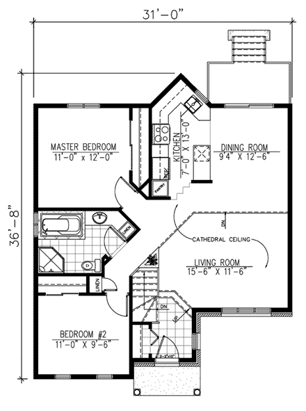 European, Narrow Lot, One-Story House Plan 48032 with 2 Beds, 1 Baths First Level Plan