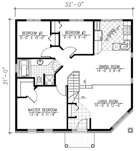 Bungalow, Narrow Lot, One-Story House Plan 48036 with 3 Beds, 1 Baths First Level Plan