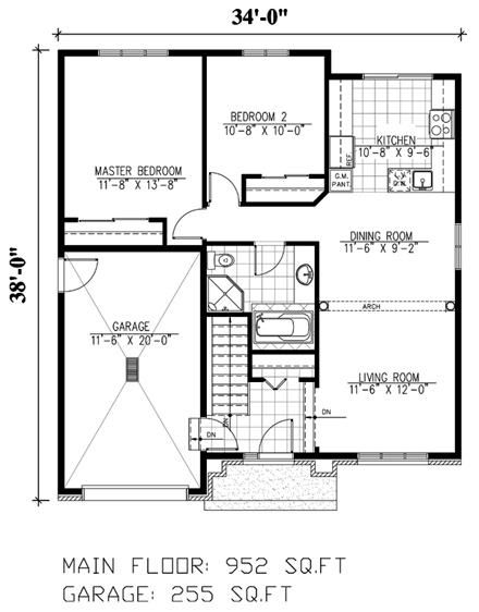 European, Narrow Lot, One-Story House Plan 48053 with 2 Beds, 1 Baths, 1 Car Garage First Level Plan