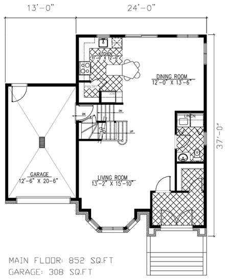 European, Narrow Lot House Plan 48058 with 3 Beds, 2 Baths, 1 Car Garage First Level Plan