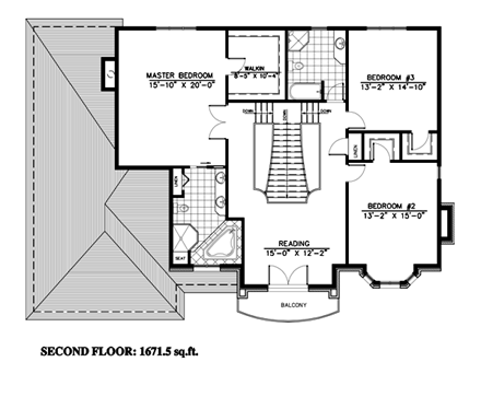 European House Plan 48098 with 3 Beds, 3 Baths, 2 Car Garage Second Level Plan