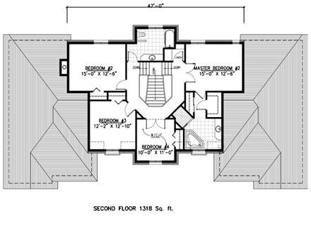 European House Plan 48106 with 5 Beds, 4 Baths, 2 Car Garage Second Level Plan